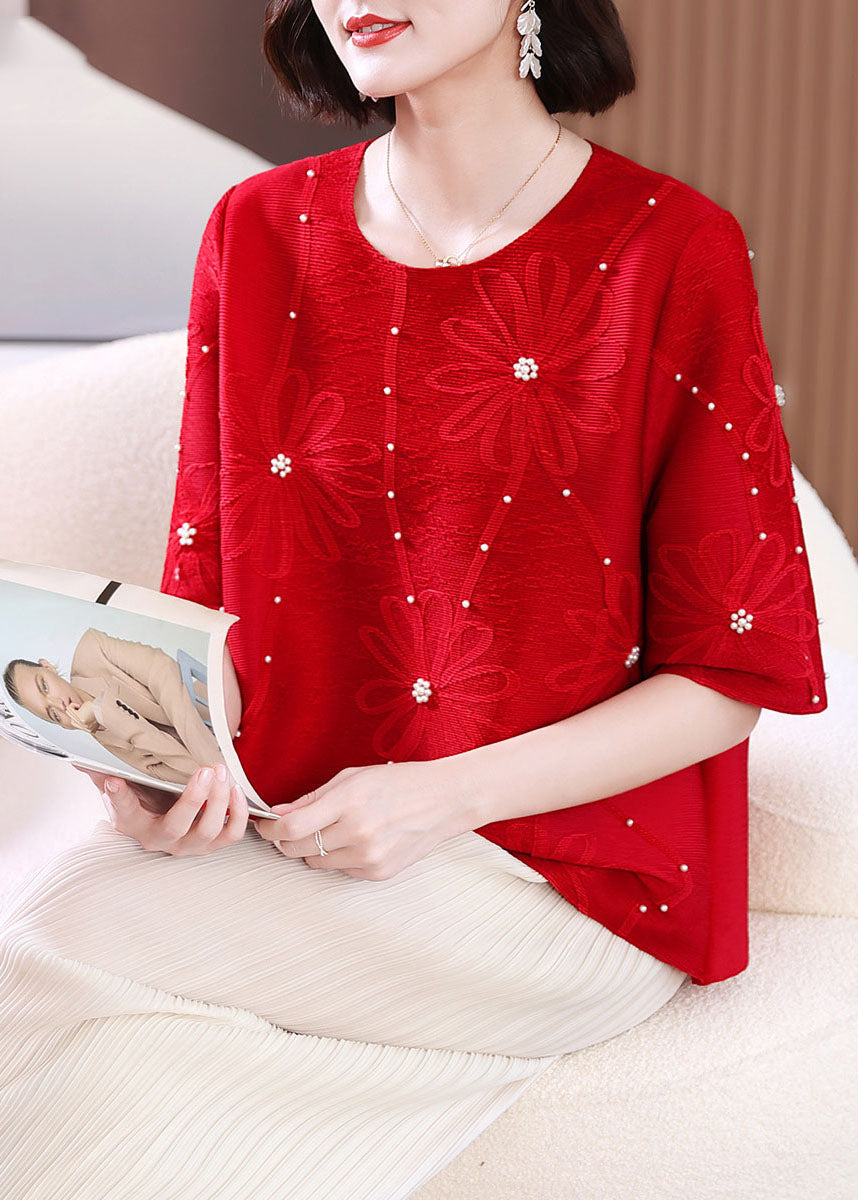 Red Embroideried Nail Bead T Shirts Summer
