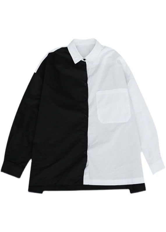French Black Patchwork White Button Fall Long Sleeve Shirt Tops