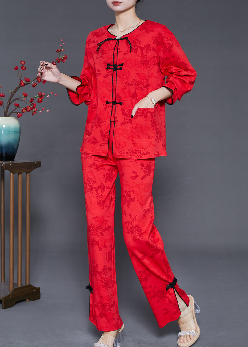 Mulberry Chinese Button Jacquard Cotton Two-piece Set Fall