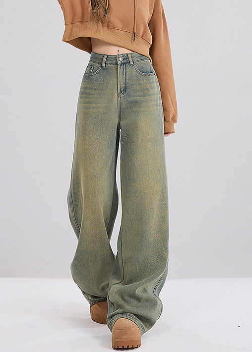 Nostalgic Blue Pockets High Waist Warm Fleece Jeans Spring
