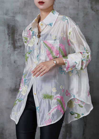 White Linen Silk Upf 50+ Shirt Top Embroidered Summer
