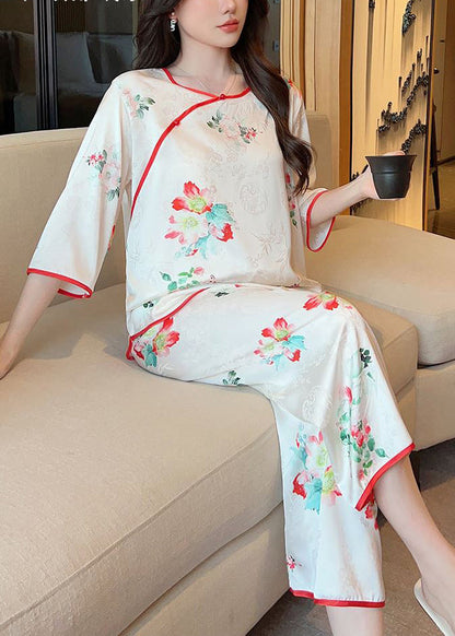 White Print Tops and Crop Pants Ice Silk Pajamas Two-piece Set Summer