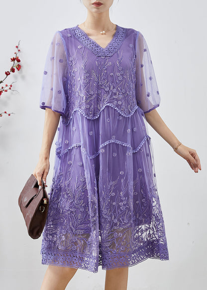 Purple Embroidered Tulle Party Dress Summer