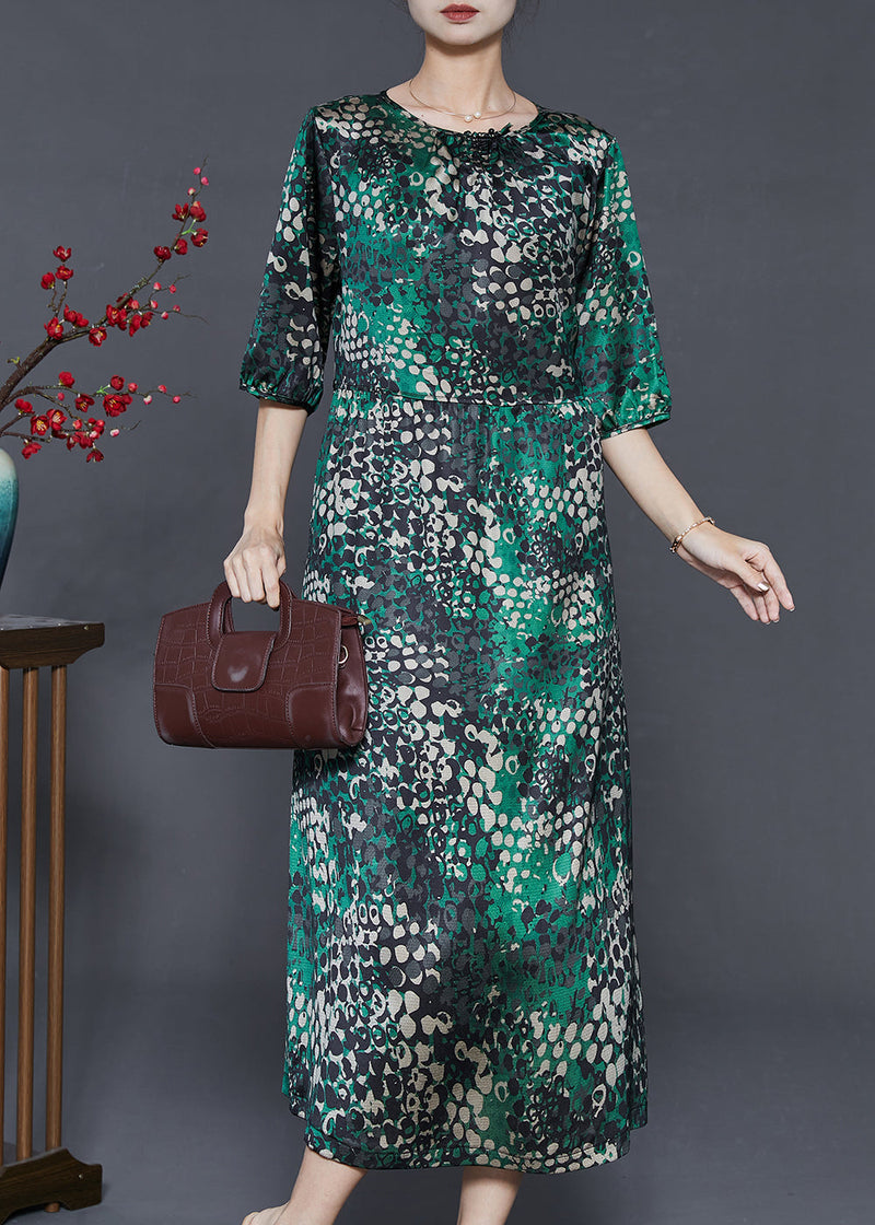 Green Print Tie Waist Silk Dress Summer