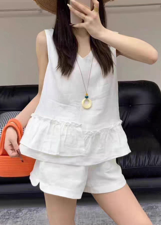New White Ruffled Pockets Linen Two Pieces Set Summer