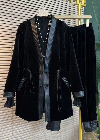 Loose Black Button Drawstring Silk Velour Two Piece Set Outfits Winter