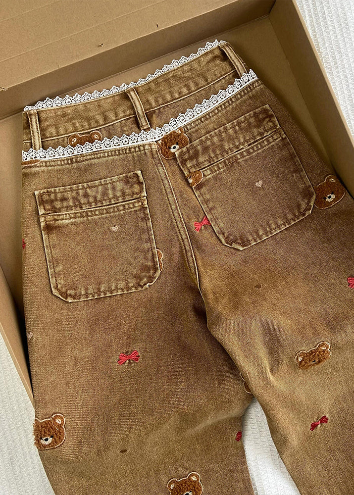 Coffee Embroidered Lace Patchwork Denim Straight Pants Spring