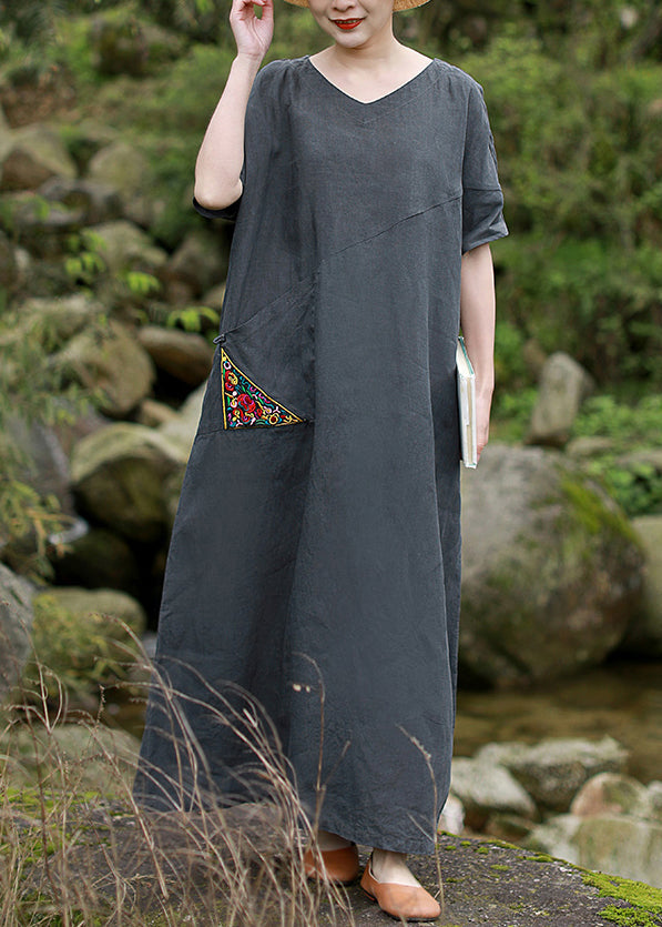 Grey Embroideried V Neck Patchwork Linen Dress Short Sleeve