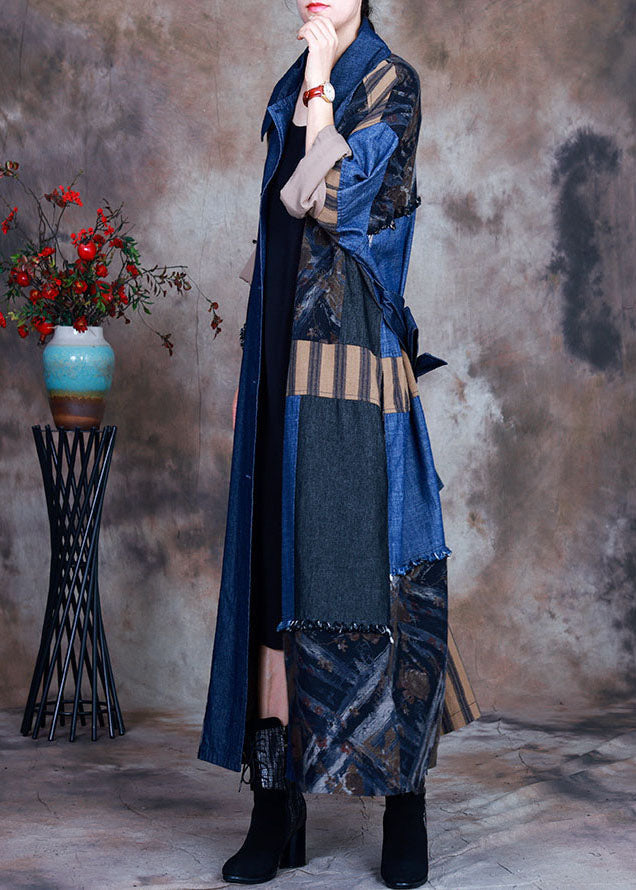 Blue Tie Waist Peter Pan Collar Patchwork Cotton Denim Trench Spring