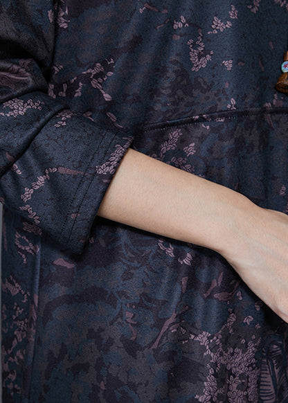 Black Stand Collar Print Warm Fleece Long Dress Winter
