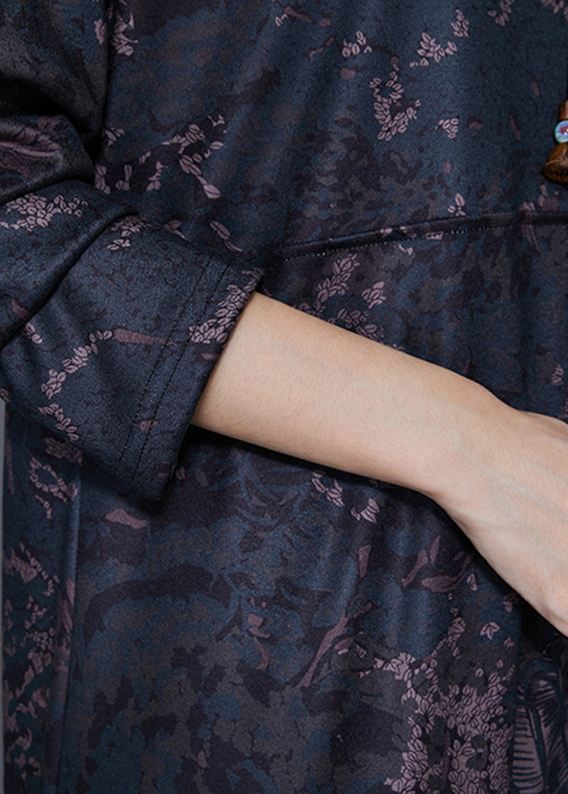 Black Stand Collar Print Warm Fleece Long Dress Winter