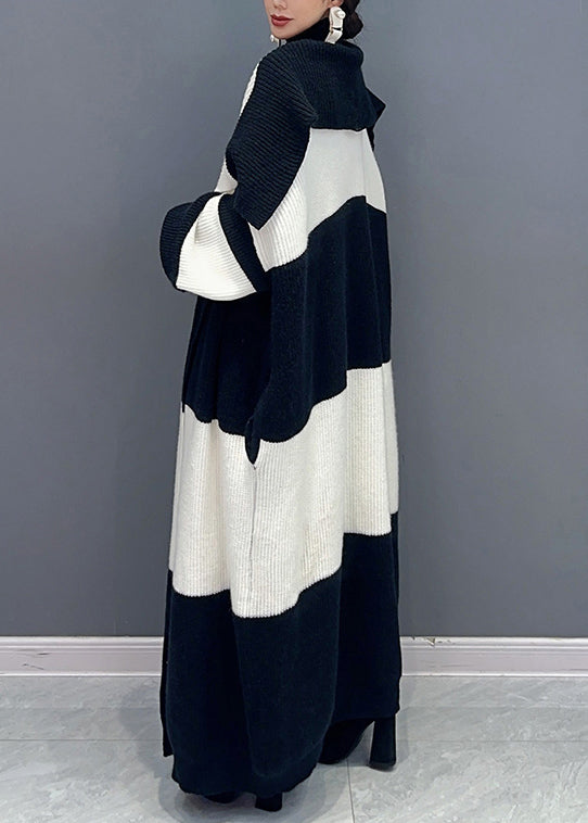 Loose White Tie Waist Pockets Patchwork Cotton Knit Long Trench Coat Spring