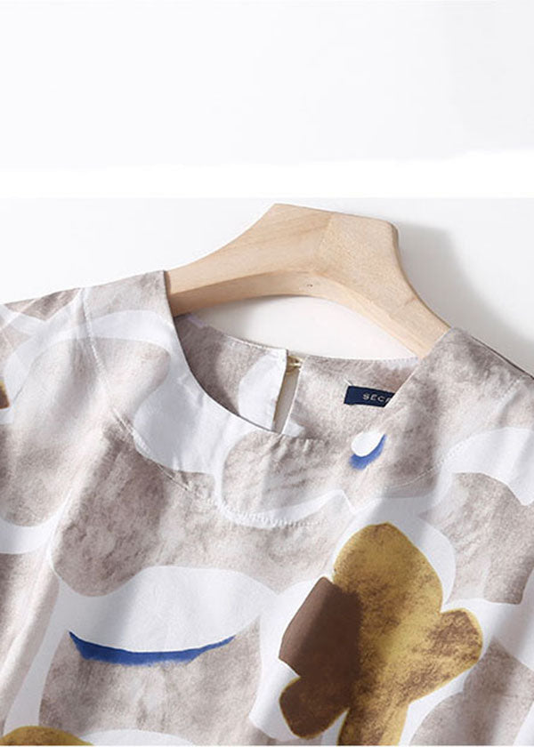 Khaki O-neck Patchwork Side Open Print Linen Blouses Half Sleeve
