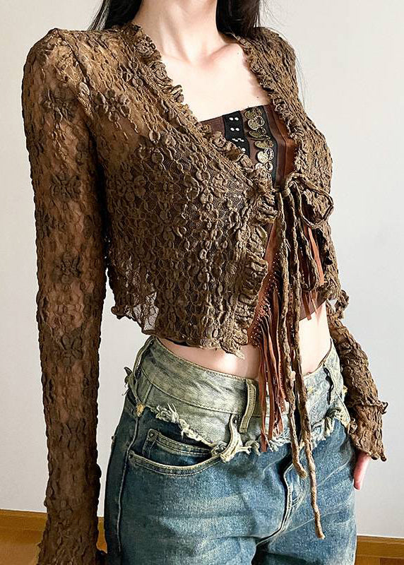 Brown Hollow Out Lace Up Cardigans and Tasseled Tank Two Pieces Set Spring
