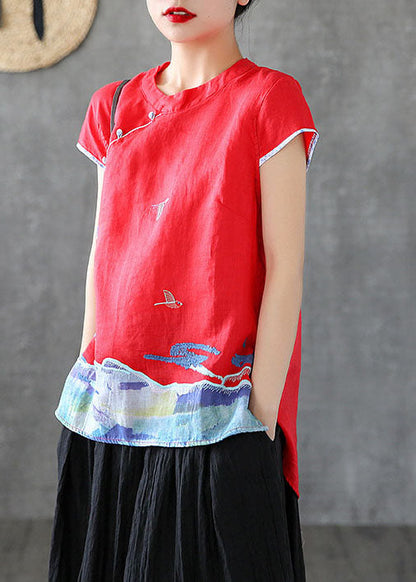 Red Embroideried Chinese Button Cotton Tank Short Sleeve