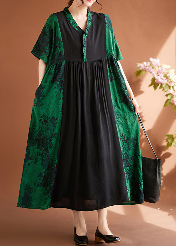 Green V Neck Print Patchwork Maxi Dresses Summer