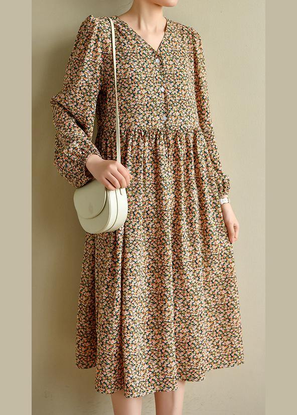 Fine Yellow Green Print Cinched V Neck Vacation Dresses Chiffon Dress