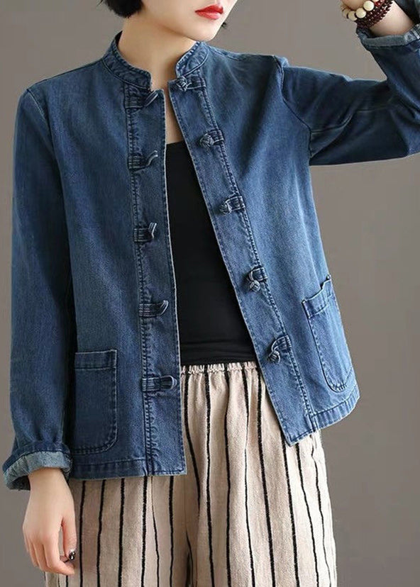 Blue Stand Collar Pockets Patchwork Button Denim Coats Fall