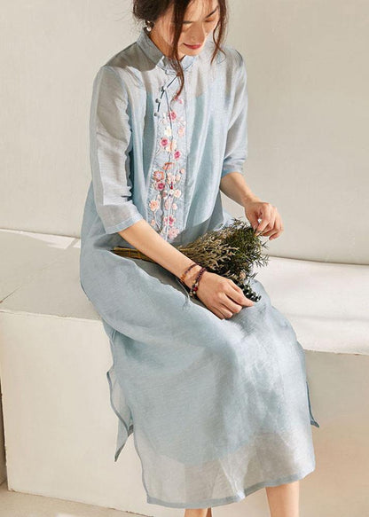 Blue Side Open Embroideried Summer Linen Vacation Dresses Half Sleeve