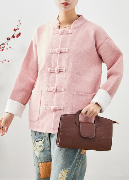 Pink Mandarin Collar Chinese Button Pockets Woolen Coats Fall