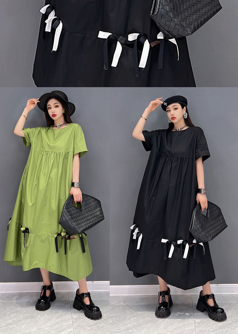 Stylish Black O-neck Wrinkled Cotton Long Dress Short Sleeve