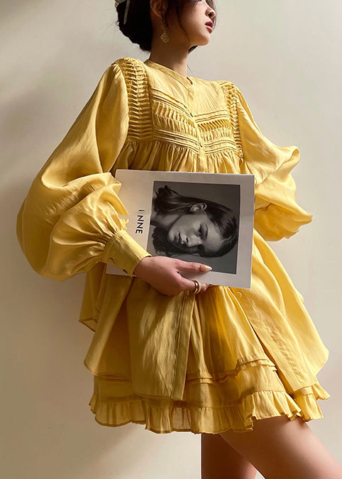 Yellow Wrinkled Cotton Two Pieces Set Lantern Sleeve