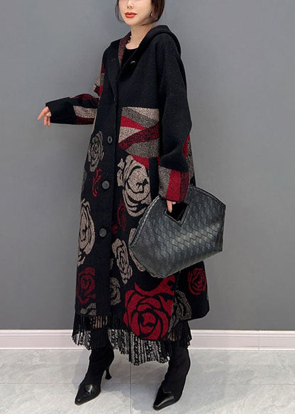 Black Hooded Rose Print Loose Knit Cardigans Spring