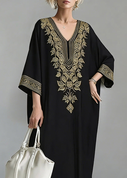Loose Black V Neck Embroidered Maxi Dress Spring