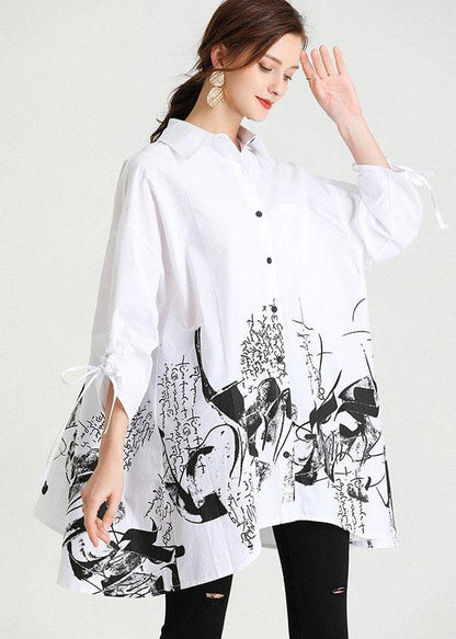 White Peter Pan Collar Button Print Top Shirts