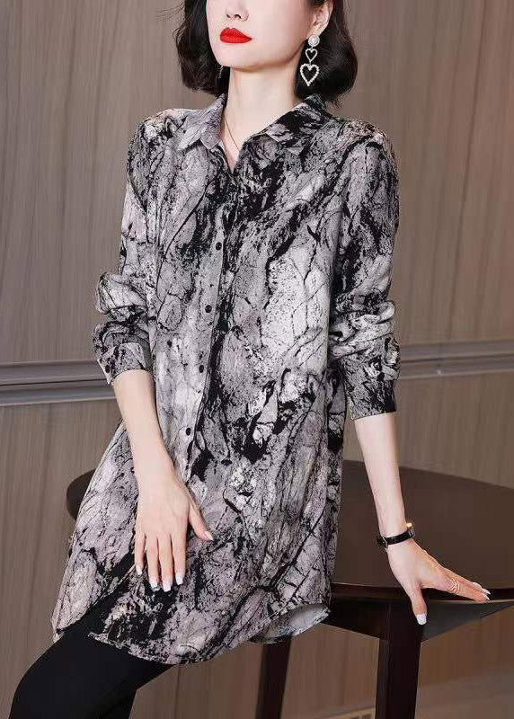 Boutique Black White Peter Pan Collar Button Print Blouse Tops Long Sleeve