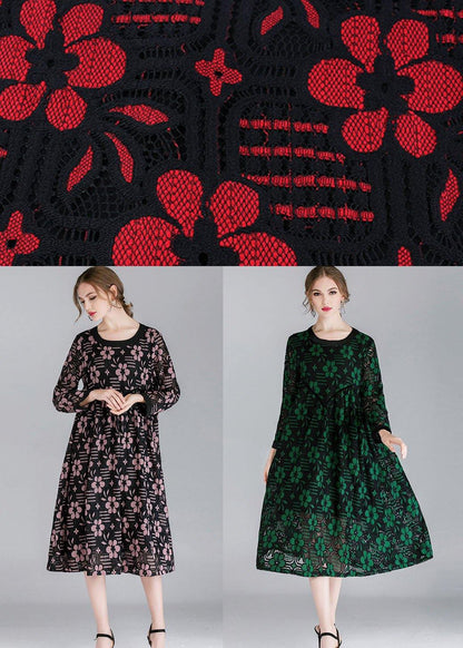Red Loose O-neck Spring Party Dress Long Sleeve
