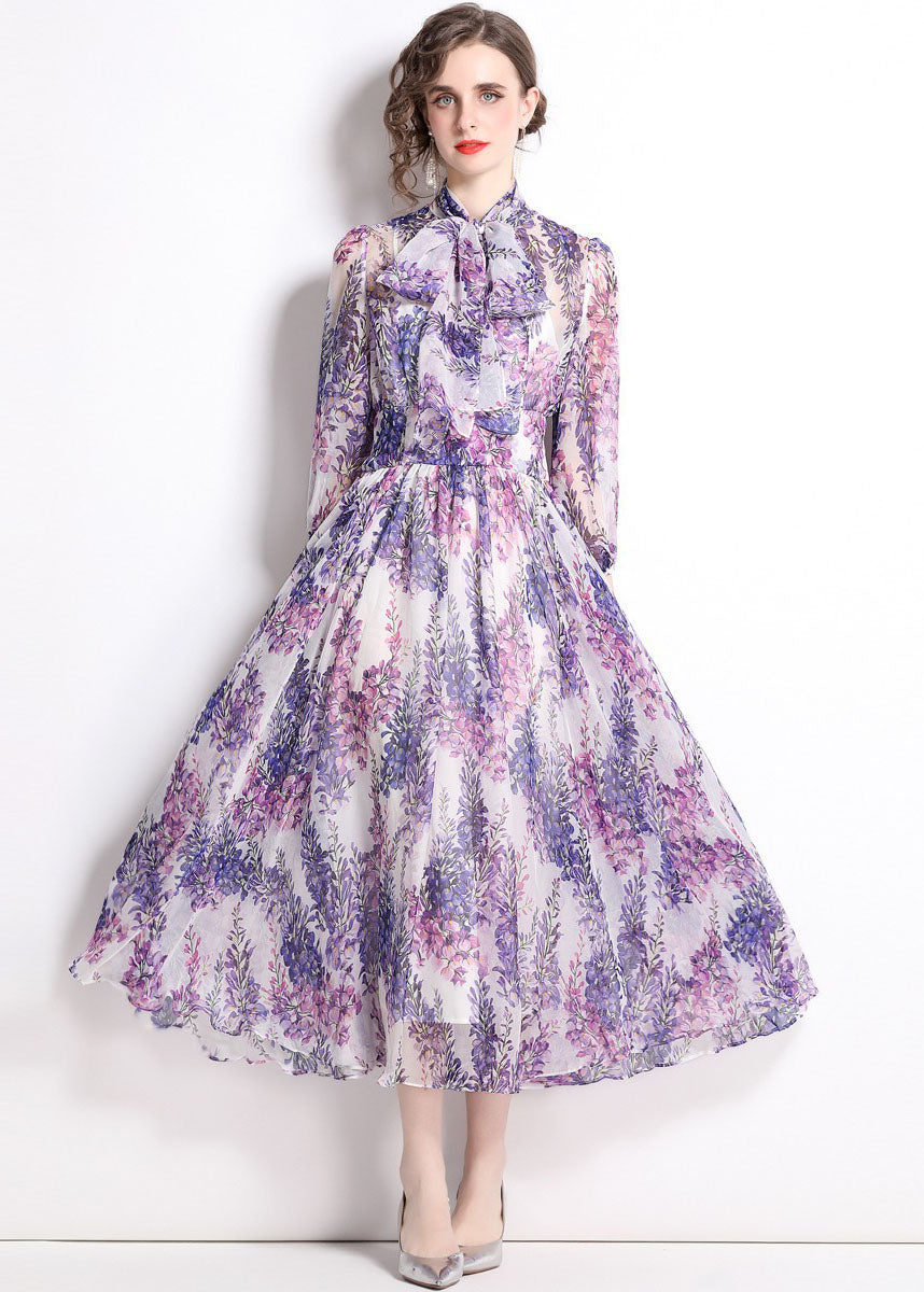 Purple Stand Collar Print Chiffon Long Dress Bracelet Sleeve
