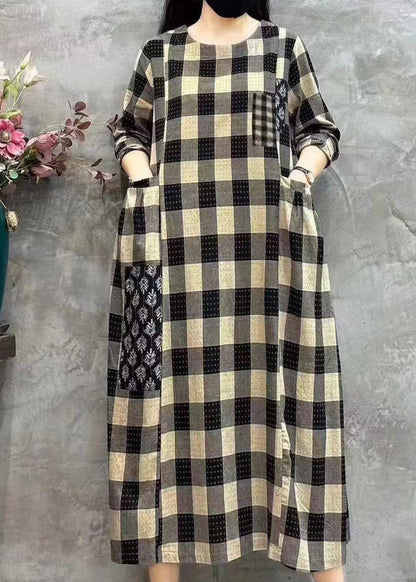 Light Plaid O-neck Pockets Print Patchwork Maxi Dress Long Sleeve