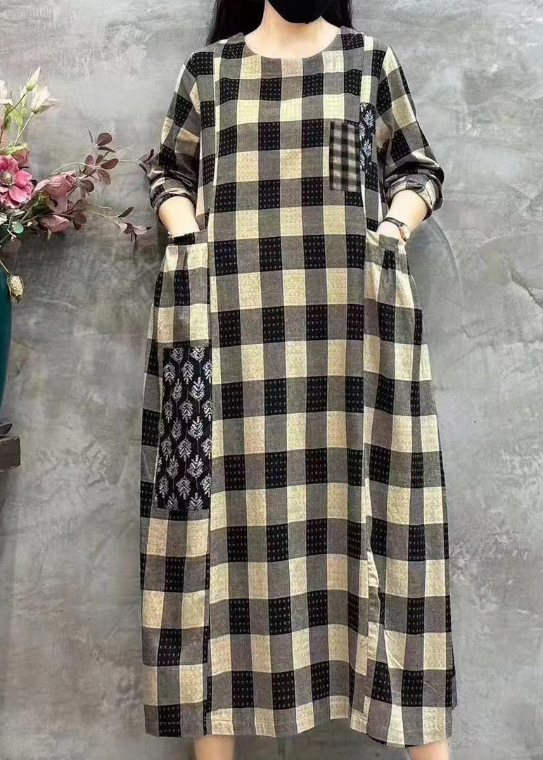 Light Plaid O-neck Pockets Print Patchwork Maxi Dress Long Sleeve