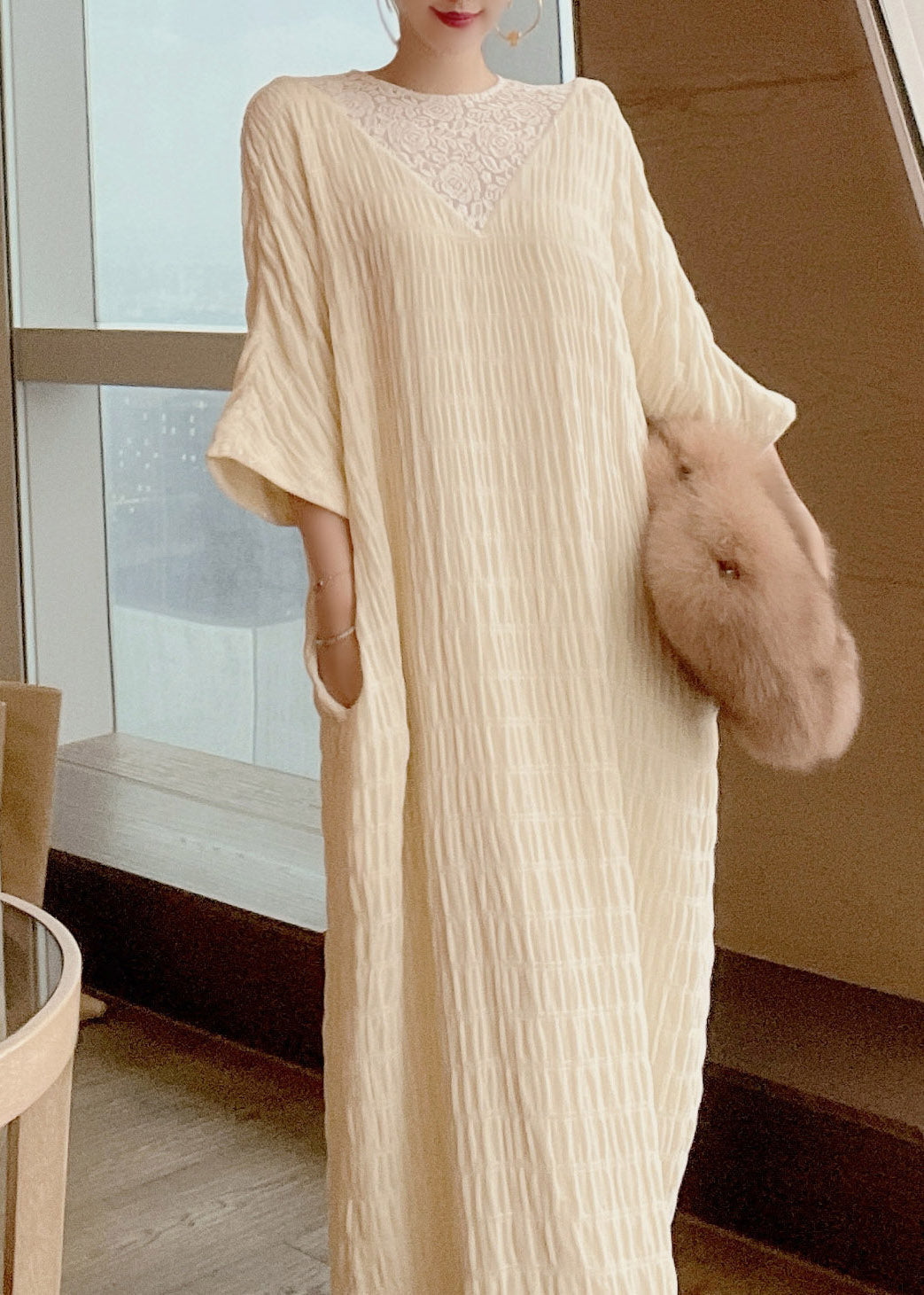 French Apricot O-neck Lace Patchwork Silk Maxi Dresses Long Sleeve Summer