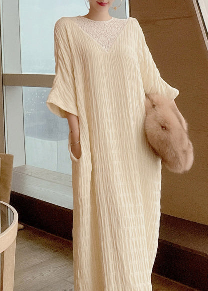 French Apricot O-neck Lace Patchwork Silk Maxi Dresses Long Sleeve Summer