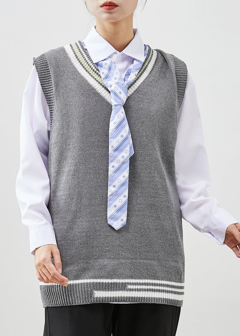 Diy Grey V Neck Knit Vest and Shirt Three Pieces Set Spring