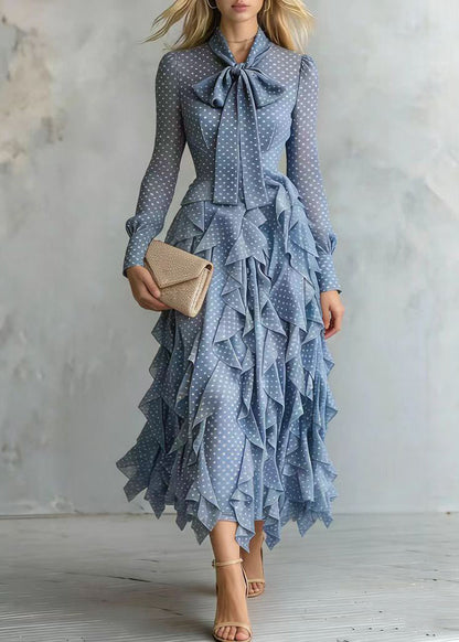 Stylish Blue Bow Print Ruffles Chiffon Long Dress Spring