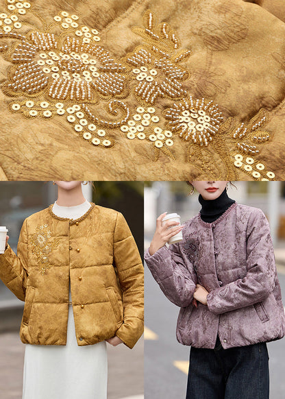 Style Yellow Sequins Embroidered Fine Cotton Filled Witner Coats