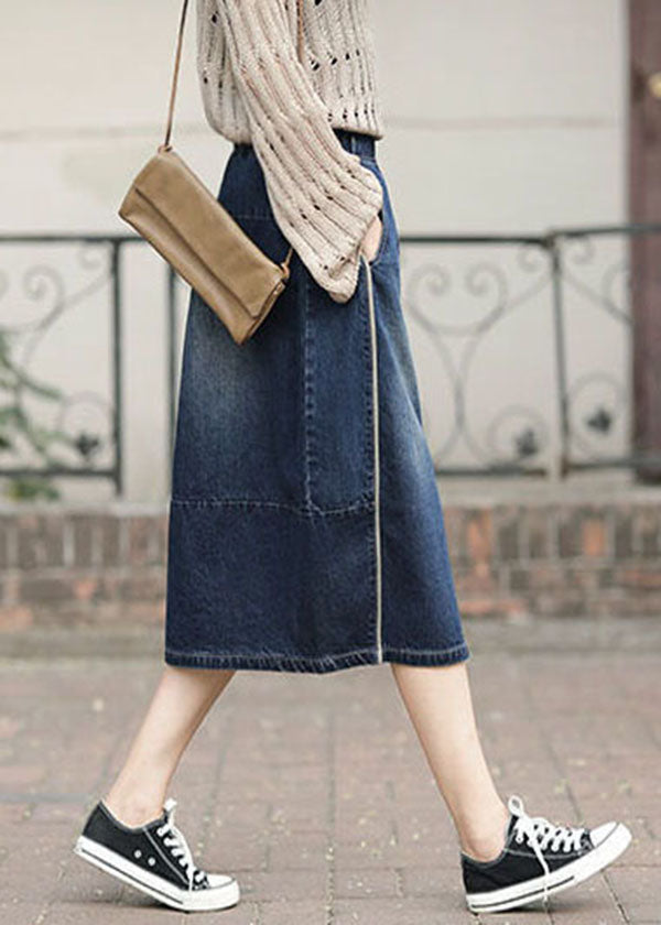 Denim Blue High Waist Pockets Patchwork Side Open Cotton Skirts Summer