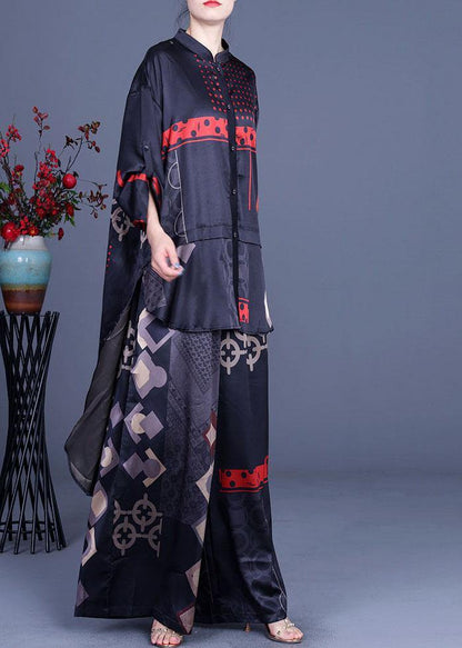 Black Print Silk Low High Design Wide Leg Two Pieces Sets