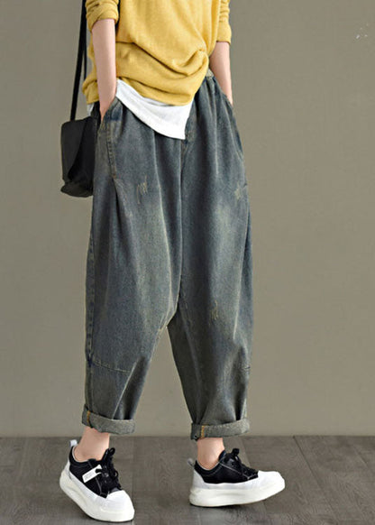 Blue Retro Pockets Harem Fall Denim Pants