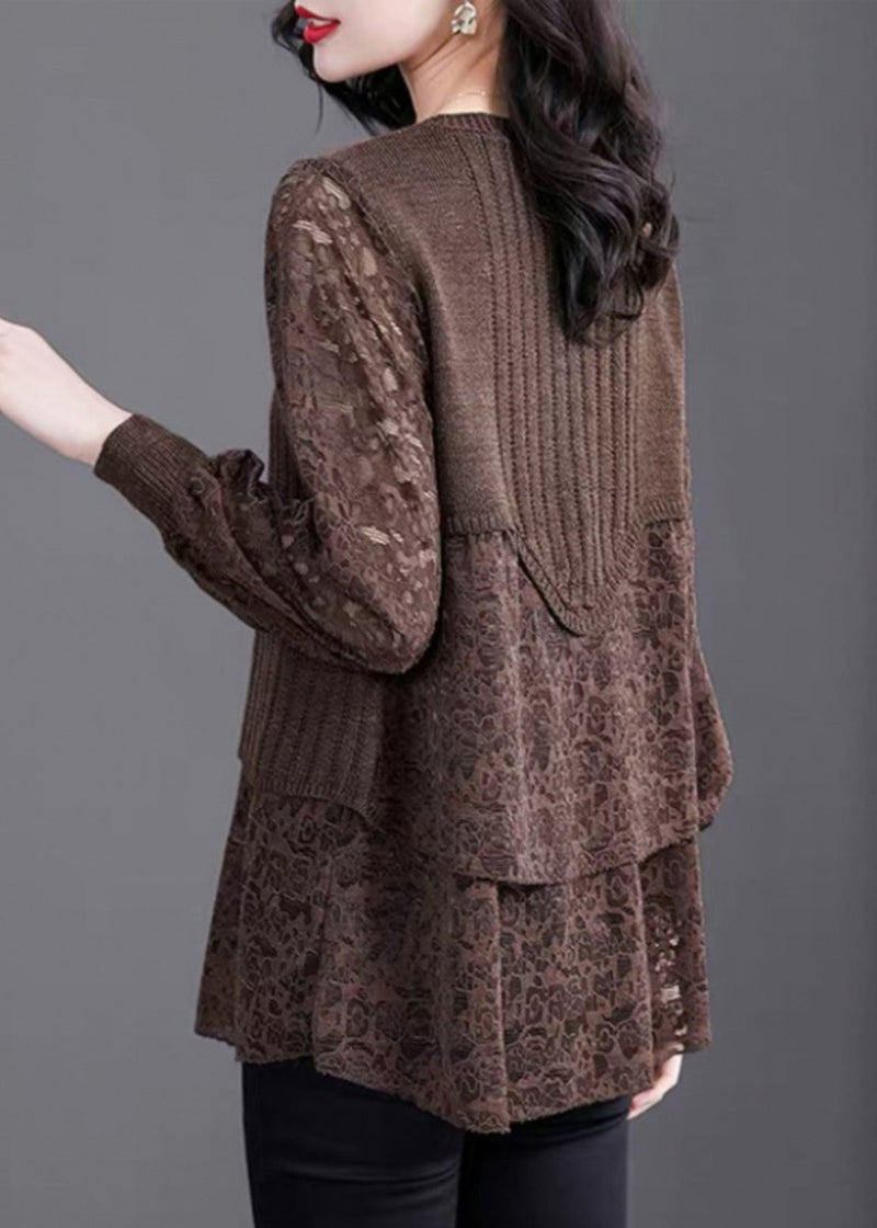 Coffee O-neck Knit Patchwork Fake Two Pieces Top Fall