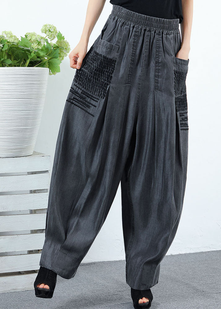 Classy Black Grey Pockets Wrinkled Denim Pants Spring
