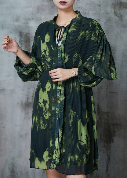 Blackish Green Tie Dye Pleated Dress Spring