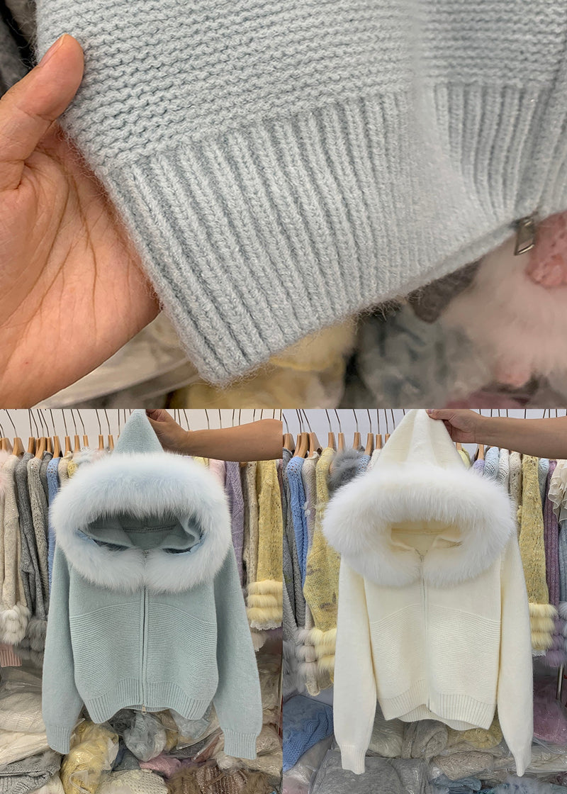 Art Blue Hooded Fox Collar Patchwork Knit Coat Winter