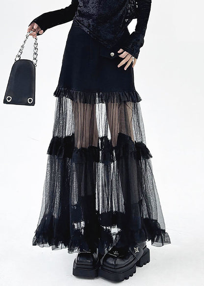 Art Black Ruffled Tulle Patchwork Skirt Summer