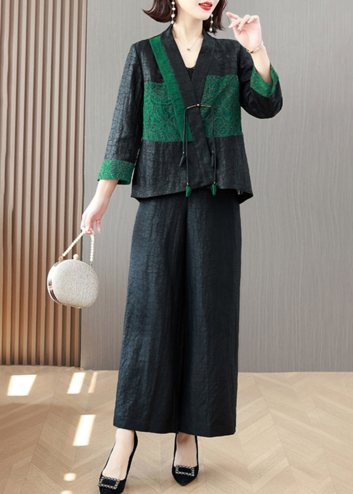 Boutique Black Tops and Wide Leg Pants Silk Two Piece Suit Set Spring