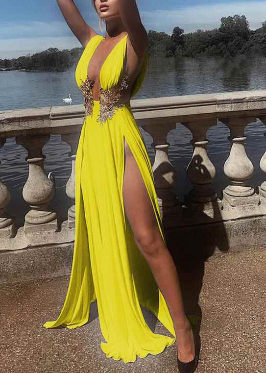 Yellow Deep-v Neck Side Open Party Dresses Summer