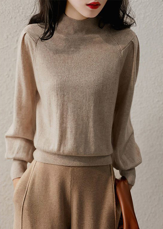 Camel Turtleneck Knit Top Long Sleeve